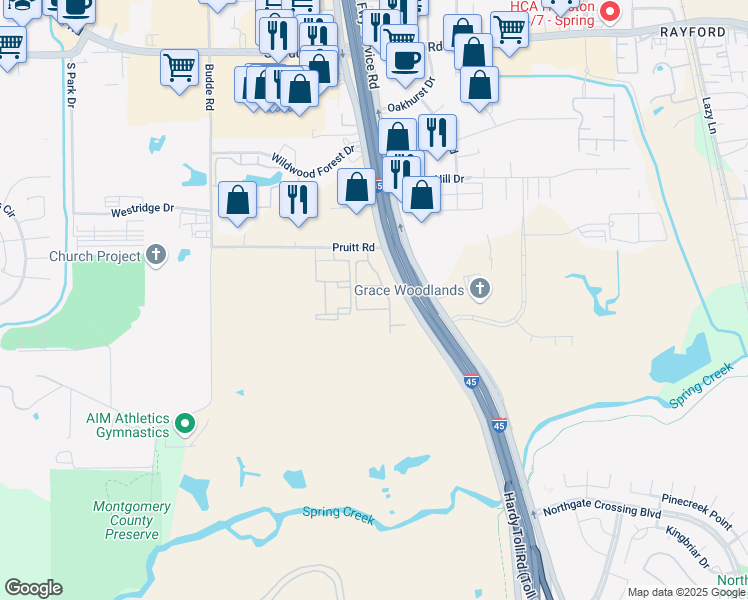 map of restaurants, bars, coffee shops, grocery stores, and more near 201 Pruitt Road in Spring