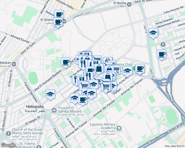 map of restaurants, bars, coffee shops, grocery stores, and more near in El Nozha