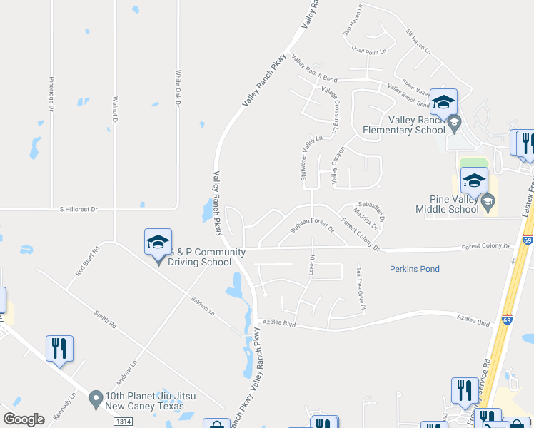 map of restaurants, bars, coffee shops, grocery stores, and more near 21467 Pleasant Forest Drive in Porter