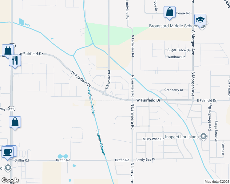 map of restaurants, bars, coffee shops, grocery stores, and more near Cane Brake in Broussard