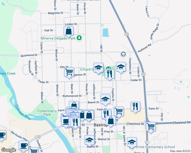 map of restaurants, bars, coffee shops, grocery stores, and more near 1508 Hill Street in Bastrop
