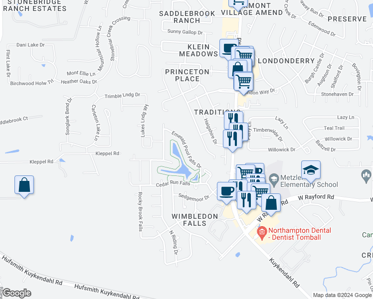 map of restaurants, bars, coffee shops, grocery stores, and more near Emerald Pool Falls Drive in Tomball