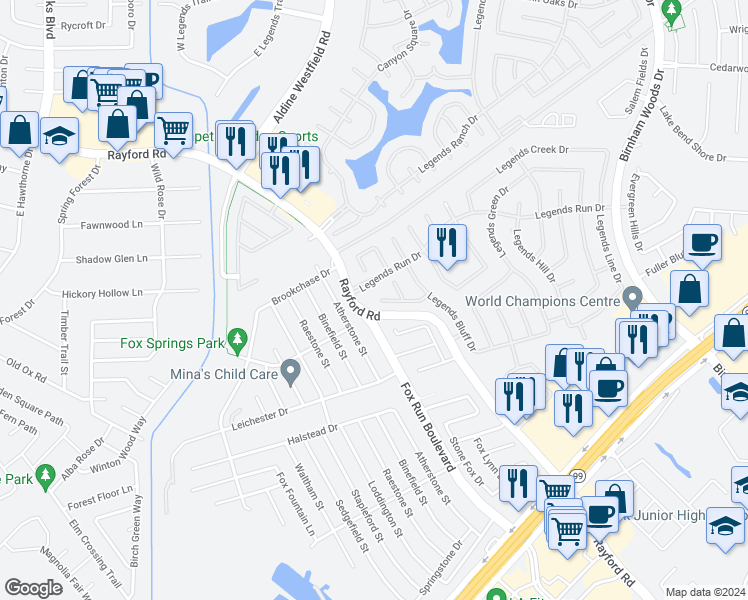 map of restaurants, bars, coffee shops, grocery stores, and more near 2803 Legends Knoll Drive in Spring