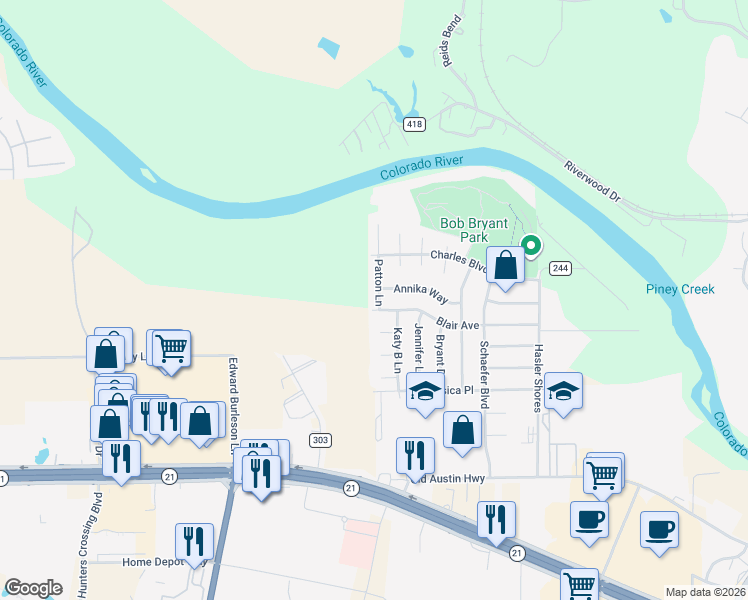 map of restaurants, bars, coffee shops, grocery stores, and more near 304 Patton Lane in Bastrop