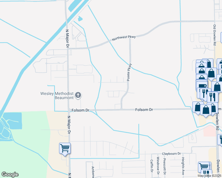 map of restaurants, bars, coffee shops, grocery stores, and more near 3880 Central Pointe Drive in Beaumont