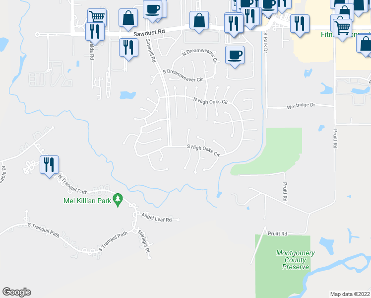 map of restaurants, bars, coffee shops, grocery stores, and more near 8 South High Oaks Circle in Spring