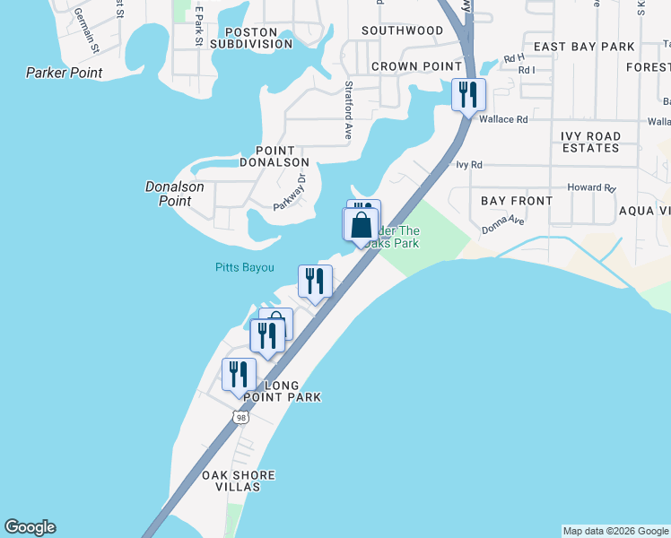 map of restaurants, bars, coffee shops, grocery stores, and more near 7336 Blue Harbor Drive in Panama City
