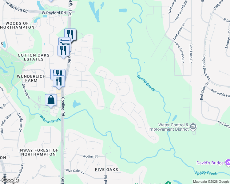 map of restaurants, bars, coffee shops, grocery stores, and more near 24303 Ravenna Landing Loop in Spring