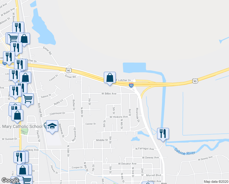 map of restaurants, bars, coffee shops, grocery stores, and more near 510 West Bilbo Avenue in Orange