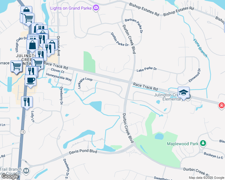 map of restaurants, bars, coffee shops, grocery stores, and more near 1007 Larkspur Loop in Jacksonville