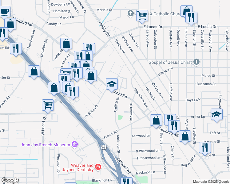 map of restaurants, bars, coffee shops, grocery stores, and more near 4415 Concord Road in Beaumont