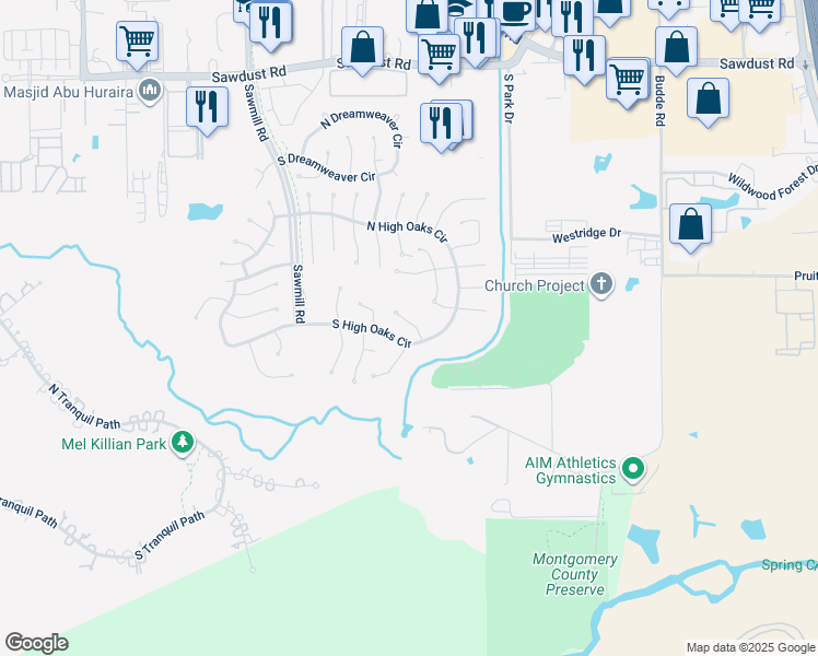 map of restaurants, bars, coffee shops, grocery stores, and more near 51 Wood Scent Court in Spring