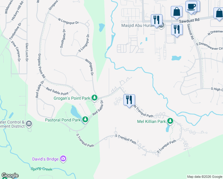 map of restaurants, bars, coffee shops, grocery stores, and more near 259 Saddle Ridge in Spring
