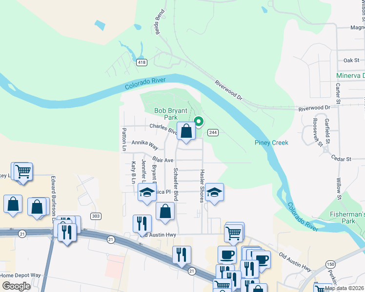 map of restaurants, bars, coffee shops, grocery stores, and more near 620 Blair Avenue in Bastrop