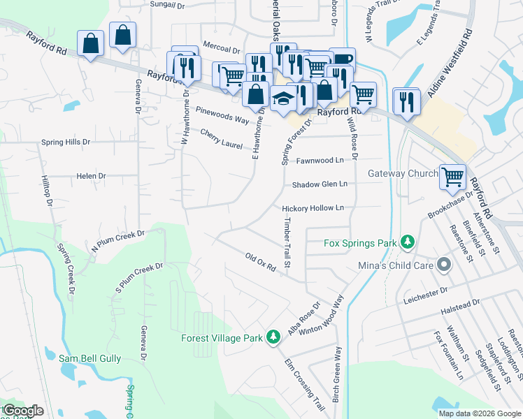 map of restaurants, bars, coffee shops, grocery stores, and more near 29705 Spring Forest Drive in Spring