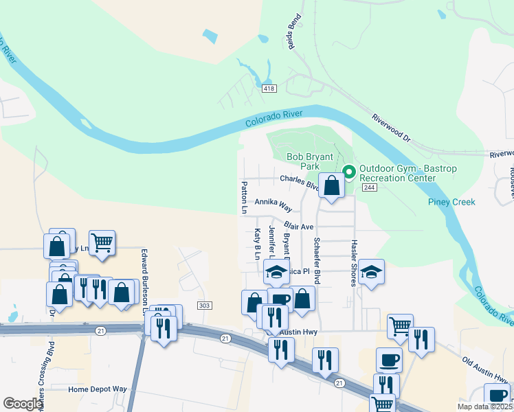map of restaurants, bars, coffee shops, grocery stores, and more near 732 Annika Way in Bastrop