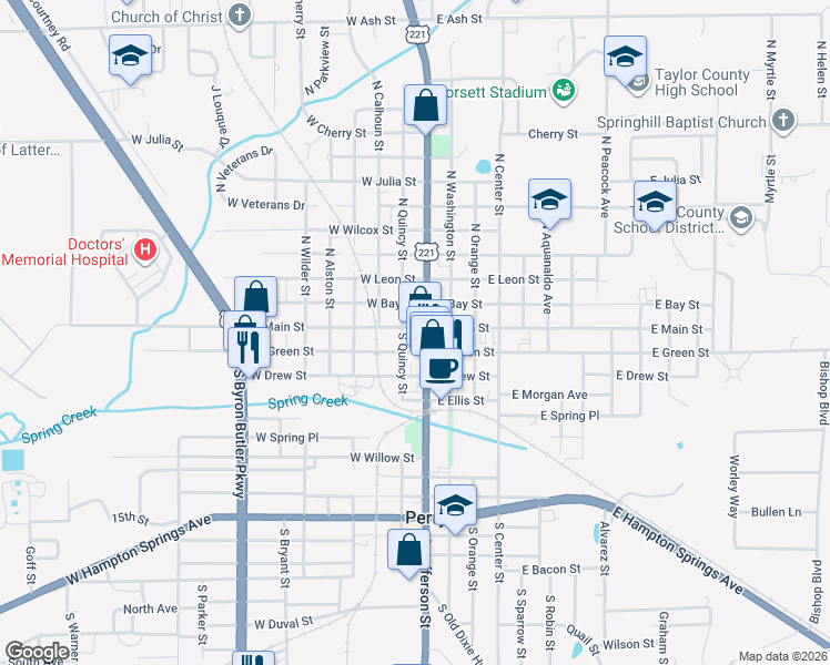 map of restaurants, bars, coffee shops, grocery stores, and more near 115 West Bay Street in Perry