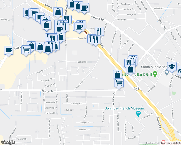 map of restaurants, bars, coffee shops, grocery stores, and more near 4195 Treadway Road in Beaumont