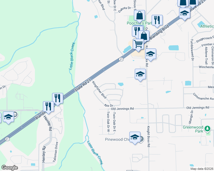 map of restaurants, bars, coffee shops, grocery stores, and more near 3247 Dowitcher Lane in Orange Park