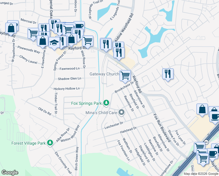 map of restaurants, bars, coffee shops, grocery stores, and more near 29714 Spring Terrace Drive in Spring