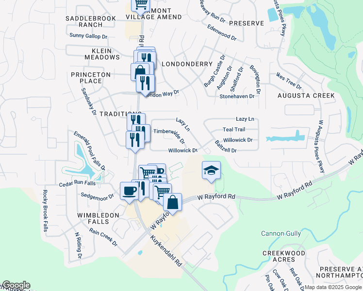 map of restaurants, bars, coffee shops, grocery stores, and more near 8202 Timberwilde Drive in Spring