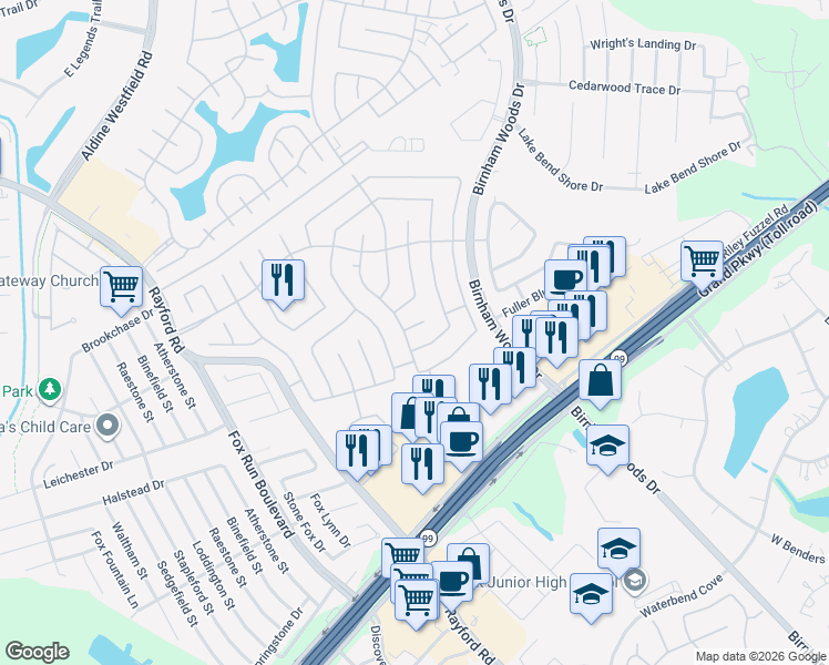 map of restaurants, bars, coffee shops, grocery stores, and more near 3306 Legends Mill Drive in Spring