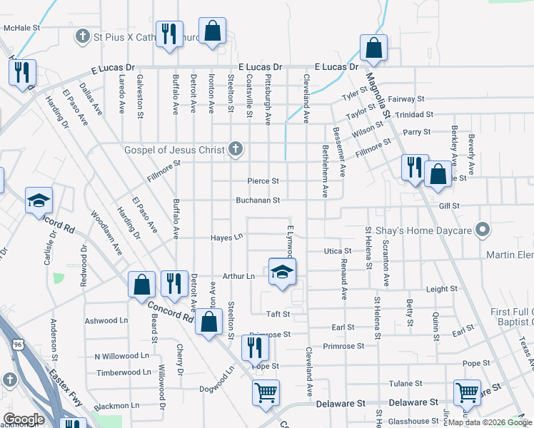 map of restaurants, bars, coffee shops, grocery stores, and more near 2420 North Lynwood Drive in Beaumont