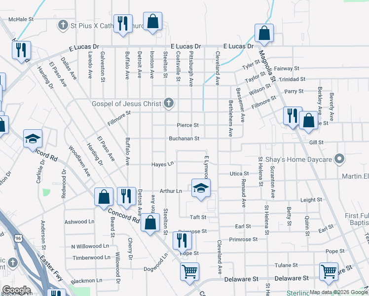 map of restaurants, bars, coffee shops, grocery stores, and more near 2479 Buchanan Street in Beaumont