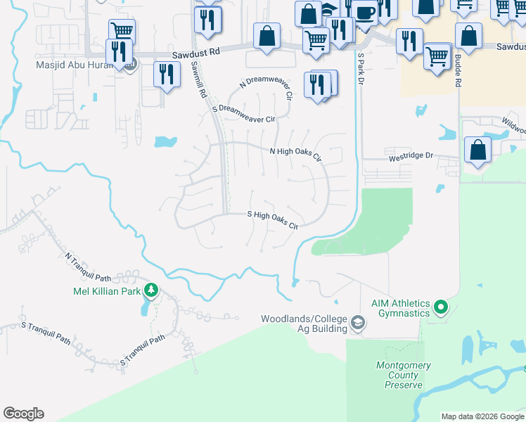 map of restaurants, bars, coffee shops, grocery stores, and more near 42 North Rain Forest Court in Spring