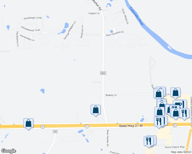 map of restaurants, bars, coffee shops, grocery stores, and more near 186 Farm to Market 969 in Bastrop
