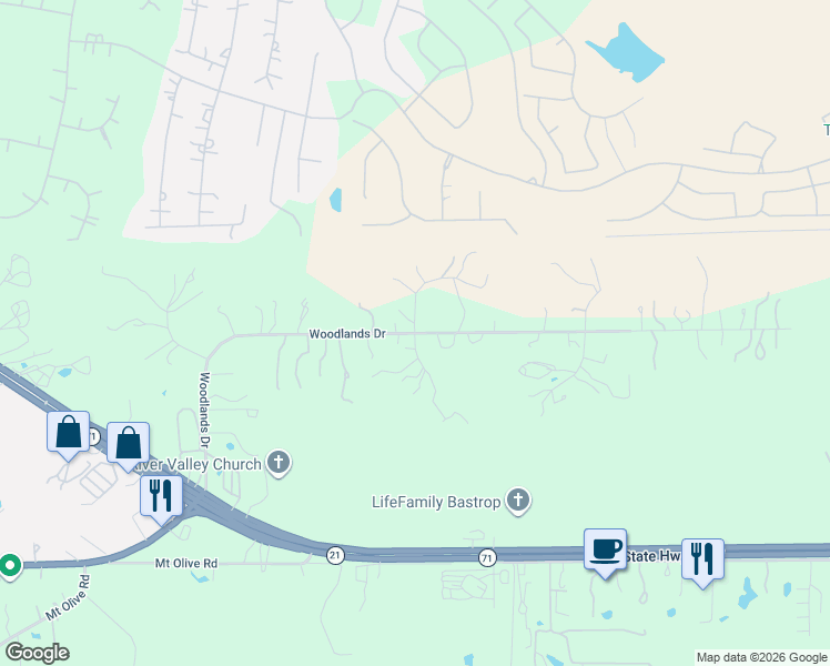map of restaurants, bars, coffee shops, grocery stores, and more near 101 Wood Hollow Court in Bastrop