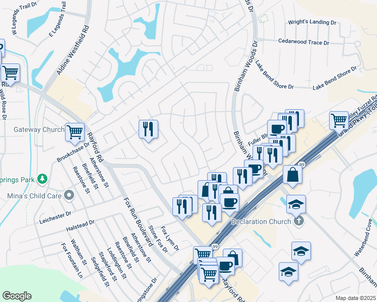 map of restaurants, bars, coffee shops, grocery stores, and more near 29311 Legends Green Drive in Spring