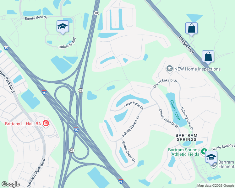 map of restaurants, bars, coffee shops, grocery stores, and more near 14382 Millhopper Road in Jacksonville