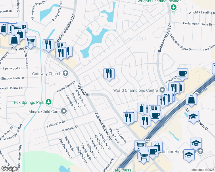map of restaurants, bars, coffee shops, grocery stores, and more near 29519 South Legends Bend Drive in Spring