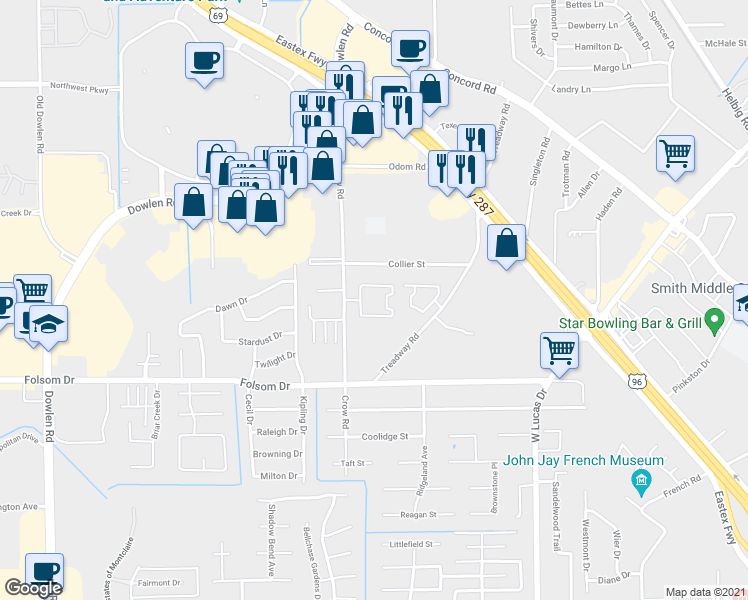 map of restaurants, bars, coffee shops, grocery stores, and more near 4040 Crow Road in Beaumont