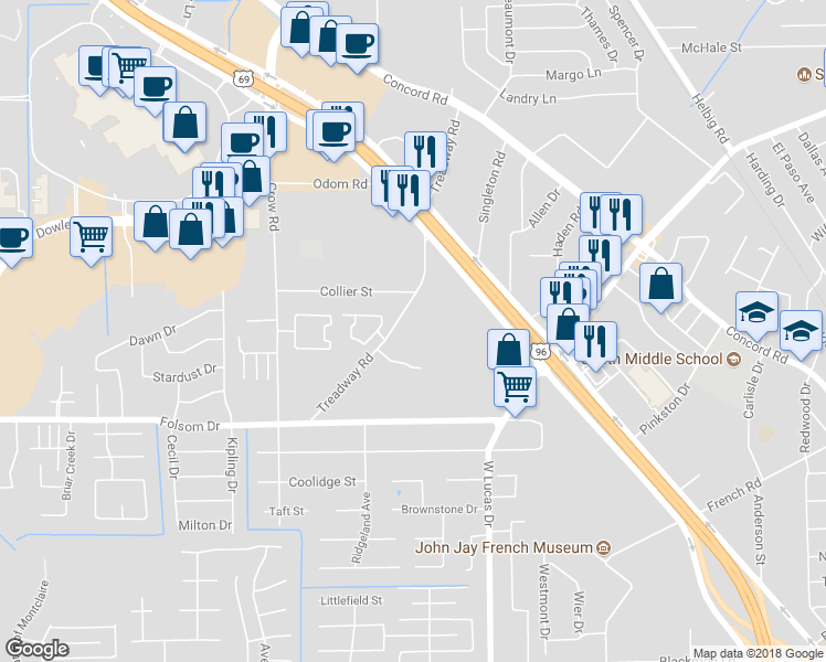 map of restaurants, bars, coffee shops, grocery stores, and more near 4168 Treadway Road in Beaumont