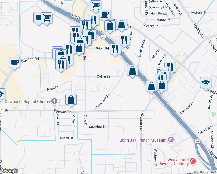 map of restaurants, bars, coffee shops, grocery stores, and more near 4045 Treadway Road in Beaumont