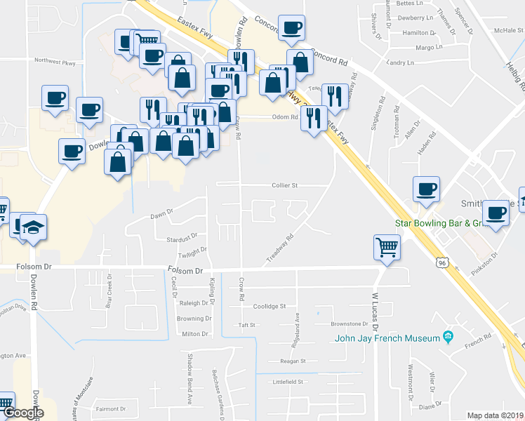 map of restaurants, bars, coffee shops, grocery stores, and more near 4040 Crow Road in Beaumont
