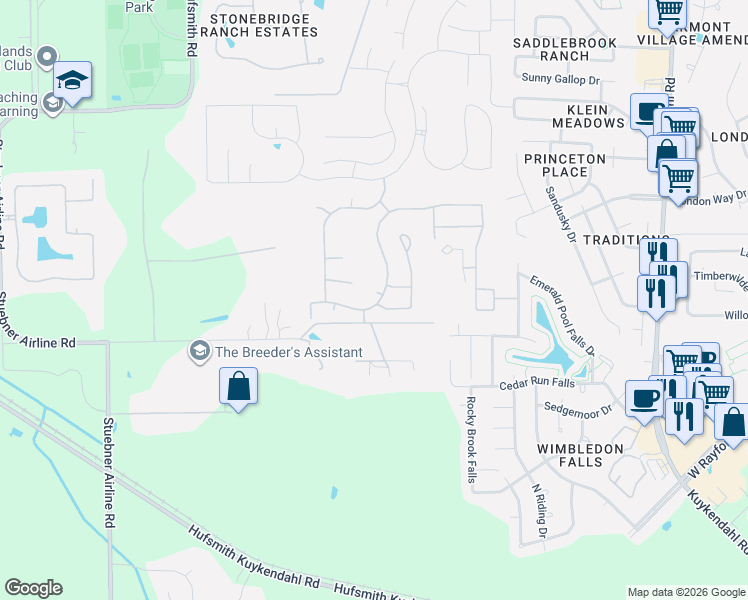 map of restaurants, bars, coffee shops, grocery stores, and more near 9406 Coleraine Court in The Woodlands