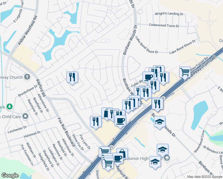 map of restaurants, bars, coffee shops, grocery stores, and more near 3322 Legends Mill Drive in Spring