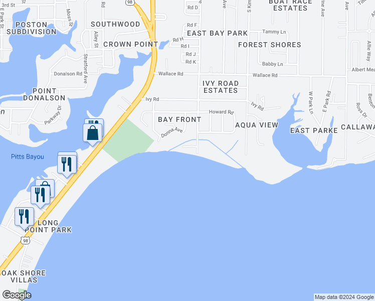map of restaurants, bars, coffee shops, grocery stores, and more near 5812 Bay Front Drive in Panama City