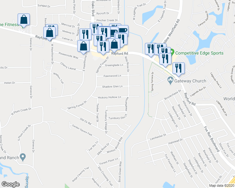 map of restaurants, bars, coffee shops, grocery stores, and more near 2343 Hickory Hollow Lane in Spring