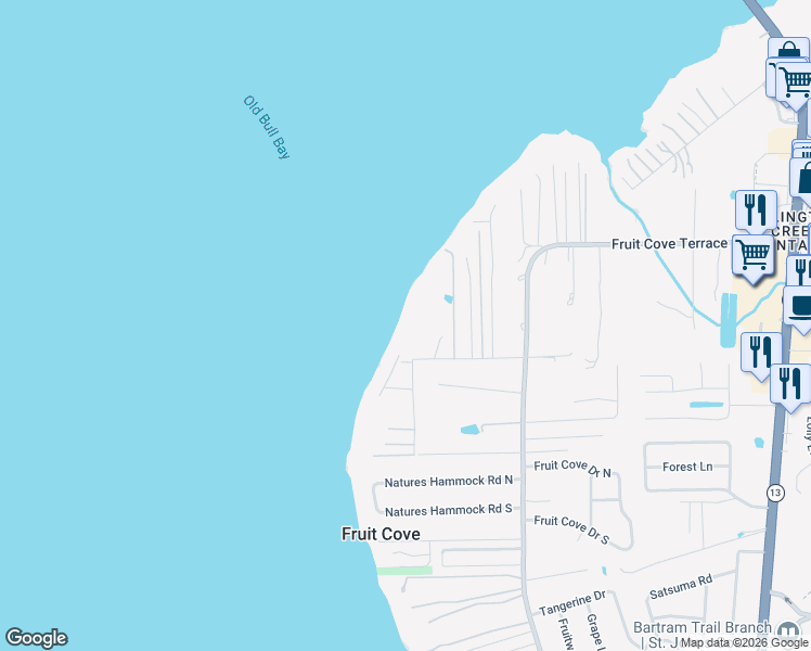 map of restaurants, bars, coffee shops, grocery stores, and more near 4250 Popolee Road in Fruit Cove