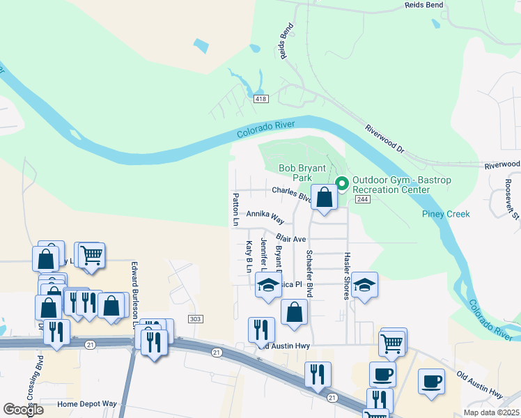 map of restaurants, bars, coffee shops, grocery stores, and more near 732 Annika Way in Bastrop