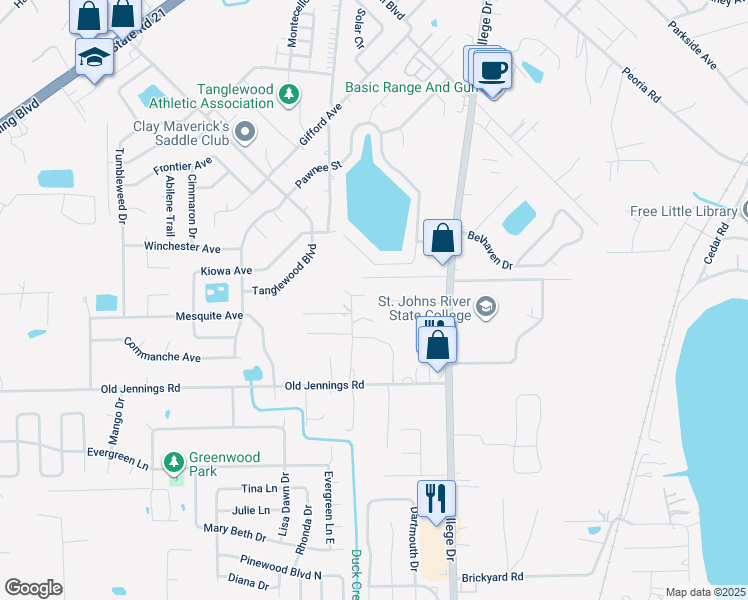 map of restaurants, bars, coffee shops, grocery stores, and more near 298 College Drive in Orange Park