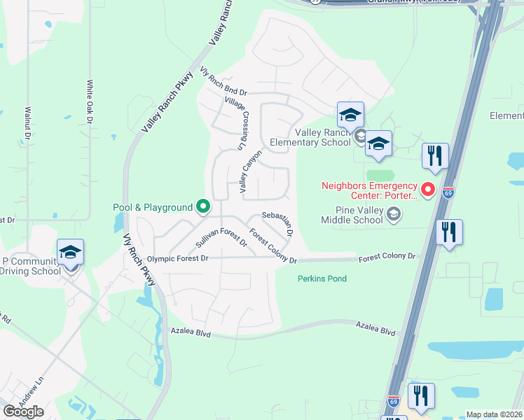 map of restaurants, bars, coffee shops, grocery stores, and more near 22583 Range Haven Lane in Porter