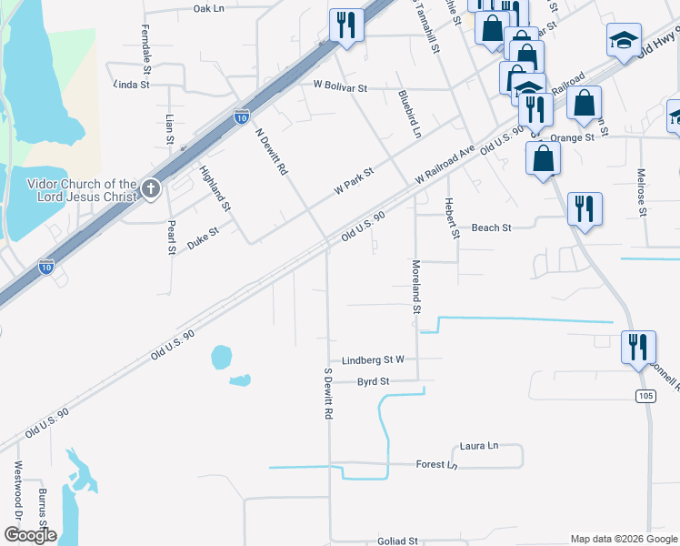 map of restaurants, bars, coffee shops, grocery stores, and more near 175 South Dewitt Road in Vidor