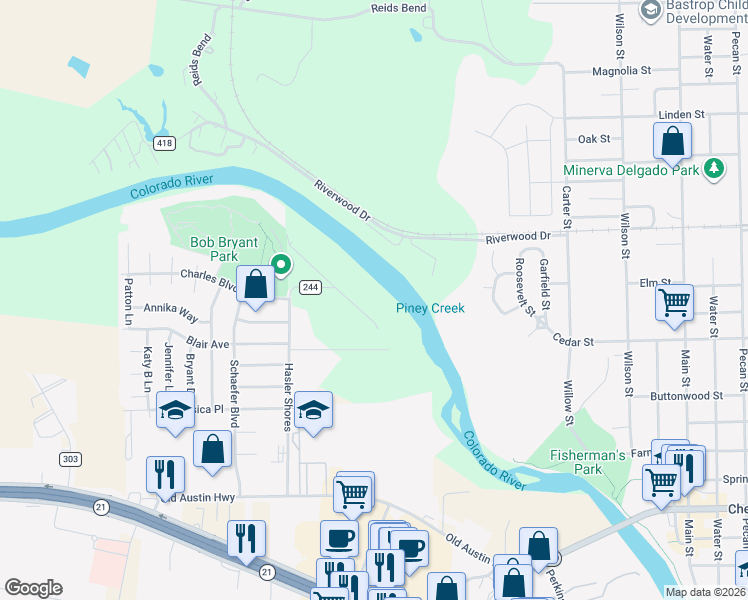 map of restaurants, bars, coffee shops, grocery stores, and more near 114 Shoreline Drive in Bastrop
