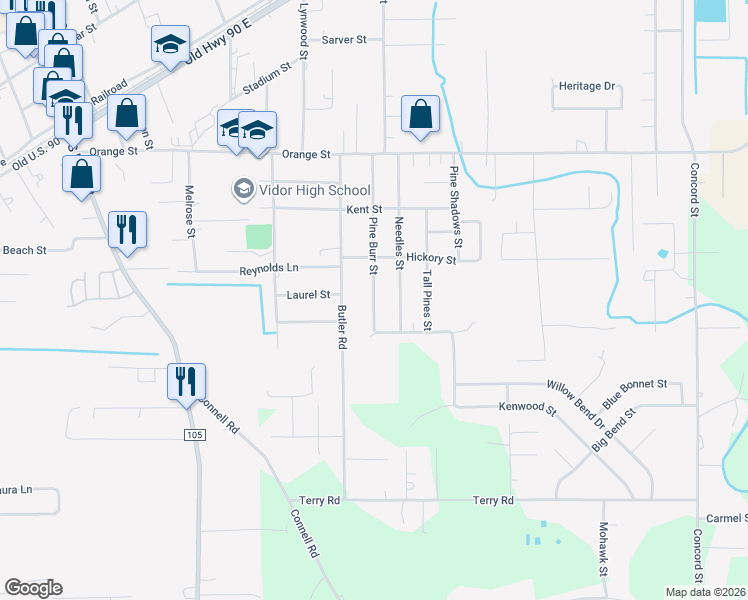 map of restaurants, bars, coffee shops, grocery stores, and more near 455 Pine Burr Street in Vidor