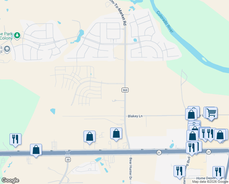 map of restaurants, bars, coffee shops, grocery stores, and more near 186 Farm to Market 969 in Bastrop